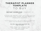 Text on a marble background about a therapist planner template for instant download.