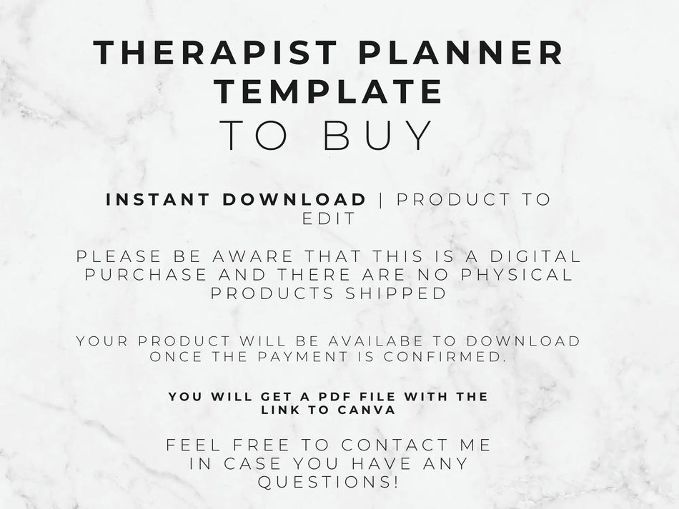 Text on a marble background about a therapist planner template for instant download.