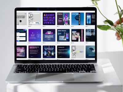 A laptop screen displaying a library of various AI-themed social media post templates available for purchase
