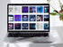 A laptop screen displaying a library of various AI-themed social media post templates available for purchase
