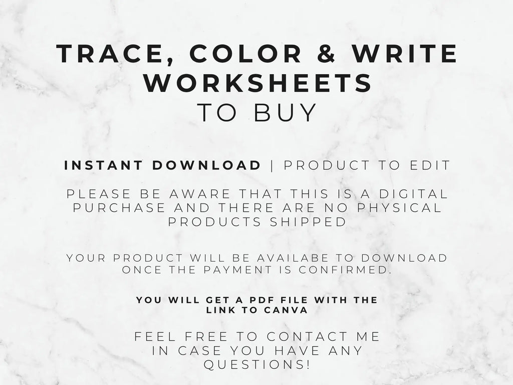 Digital listing graphic with black text on a white marble background reading 'TRACE, COLOR & WRITE WORKSHEETS TO BUY' and additional download information for a digital PDF product.