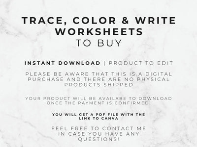 Digital listing graphic with black text on a white marble background reading 'TRACE, COLOR & WRITE WORKSHEETS TO BUY' and additional download information for a digital PDF product.