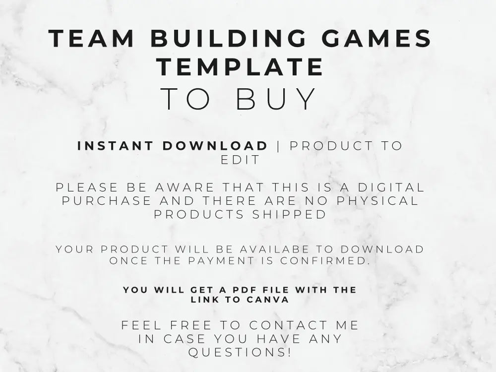 Digital template listing graphic with the text 'TEAM BUILDING GAMES TEMPLATE TO BUY' on a white marble background, plus details about instant download, product to edit, PDF file, and link to Canva.