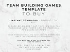 Digital template listing graphic with the text 'TEAM BUILDING GAMES TEMPLATE TO BUY' on a white marble background, plus details about instant download, product to edit, PDF file, and link to Canva.
