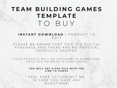 Digital template listing graphic with the text 'TEAM BUILDING GAMES TEMPLATE TO BUY' on a white marble background, plus details about instant download, product to edit, PDF file, and link to Canva.