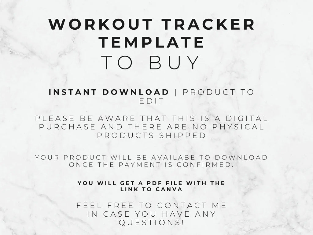 Text on a marble background describing a workout tracker template for digital download.