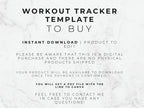 Text on a marble background describing a workout tracker template for digital download.