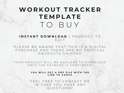 Text on a marble background describing a workout tracker template for digital download.