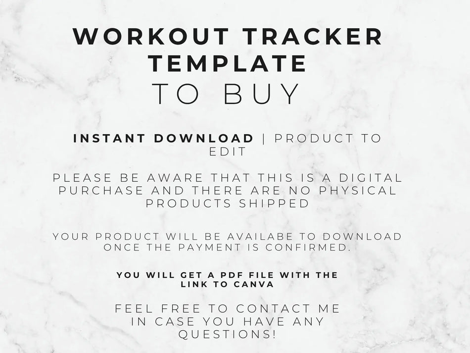 Text on a marble background describing a workout tracker template for digital download.