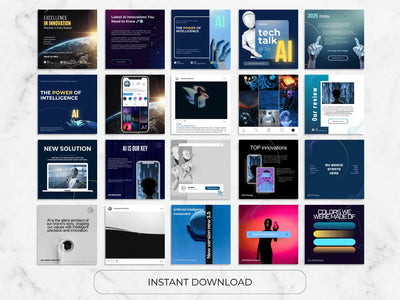 Collection of AI-themed brochures and posters on a marble background with 'Instant Download' text.