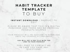 Text on a marble background describing a habit tracker template for digital download.
