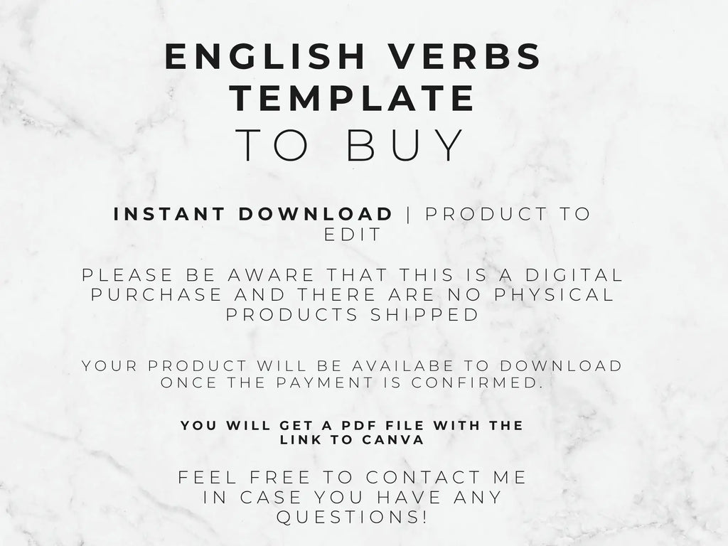 Text on a marble background about an English verbs template for buying.