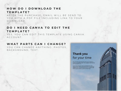 An informational graphic explaining how to download the template and confirming that all elements like photos and text are editable in Canva