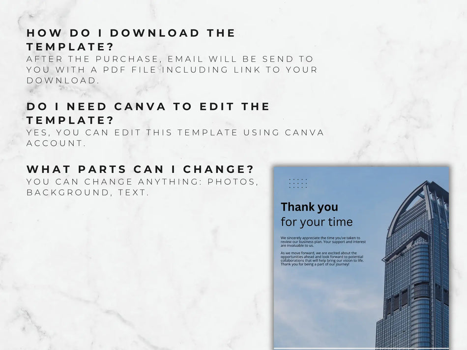 An informational graphic explaining how to download the template and confirming that all elements like photos and text are editable in Canva