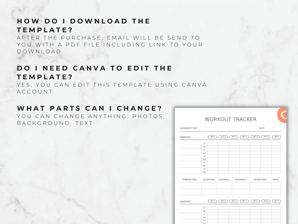 An informational page answering common questions about how to download the PDF and edit the template using a Canva account