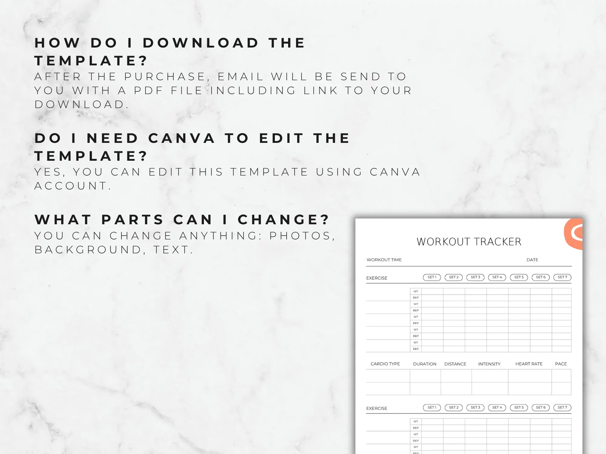 An informational page answering common questions about how to download the PDF and edit the template using a Canva account