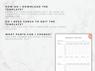 An informational page answering common questions about how to download the PDF and edit the template using a Canva account