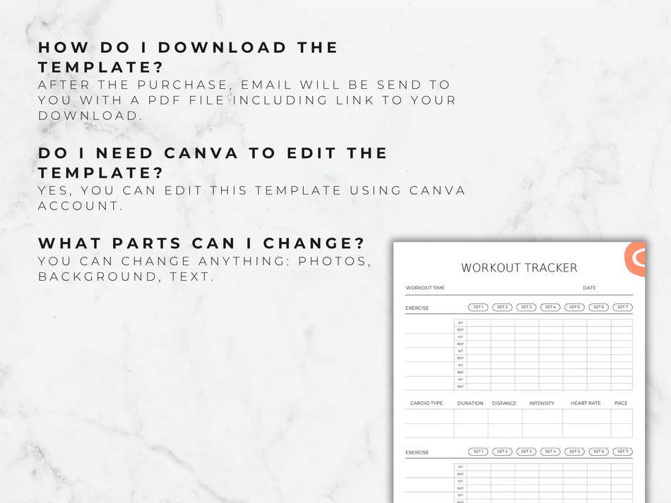 An informational page answering common questions about how to download the PDF and edit the template using a Canva account