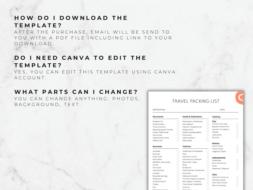 Travel packing list template on a marble background with text instructions.