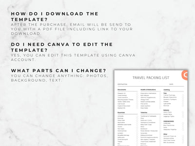 Travel packing list template on a marble background with text instructions.