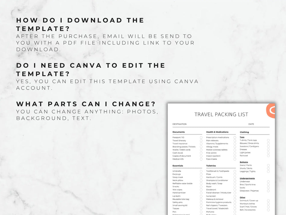 Travel packing list template on a marble background with text instructions.