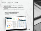 Laptop displaying a job application tracking software with text on a marble background