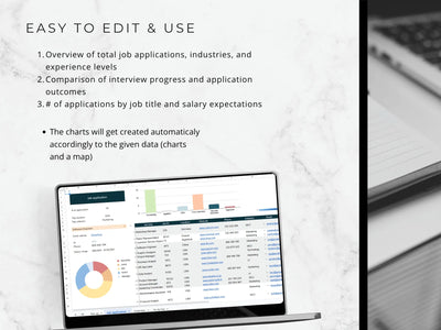 Laptop displaying a job application tracking software with text on a marble background