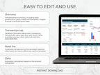 Laptop displaying a financial template with text on editing and usage