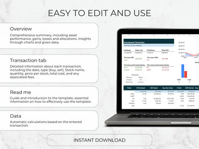 Laptop displaying a financial template with text on editing and usage