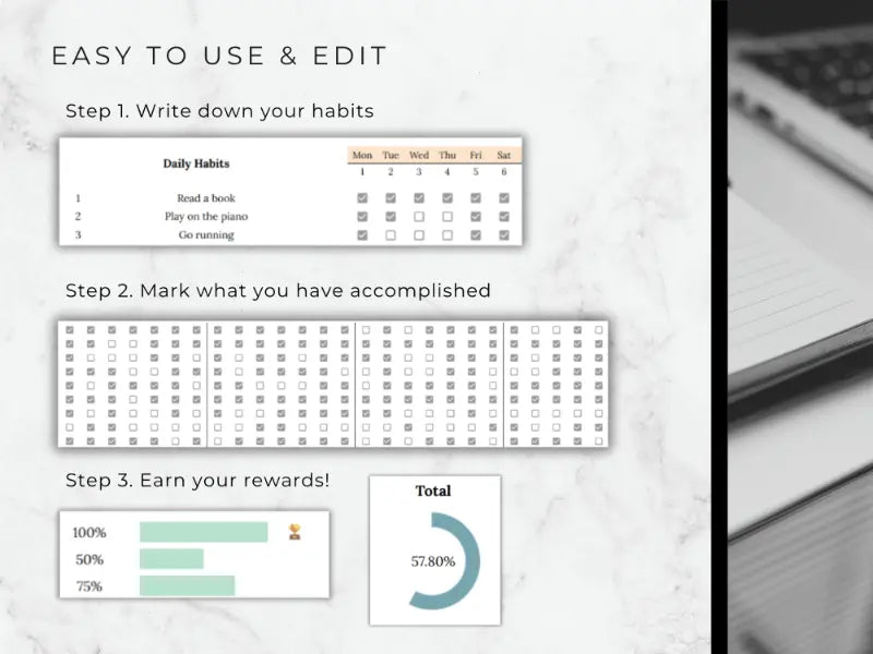  Habit tracking app interface with steps to use and edit, shown on a light background.