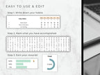  Habit tracking app interface with steps to use and edit, shown on a light background.