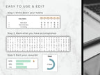  Habit tracking app interface with steps to use and edit, shown on a light background.