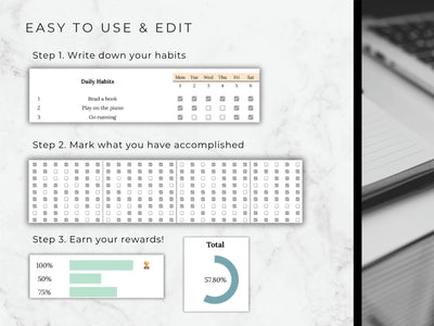  Habit tracking app interface with steps to use and edit, shown on a light background.