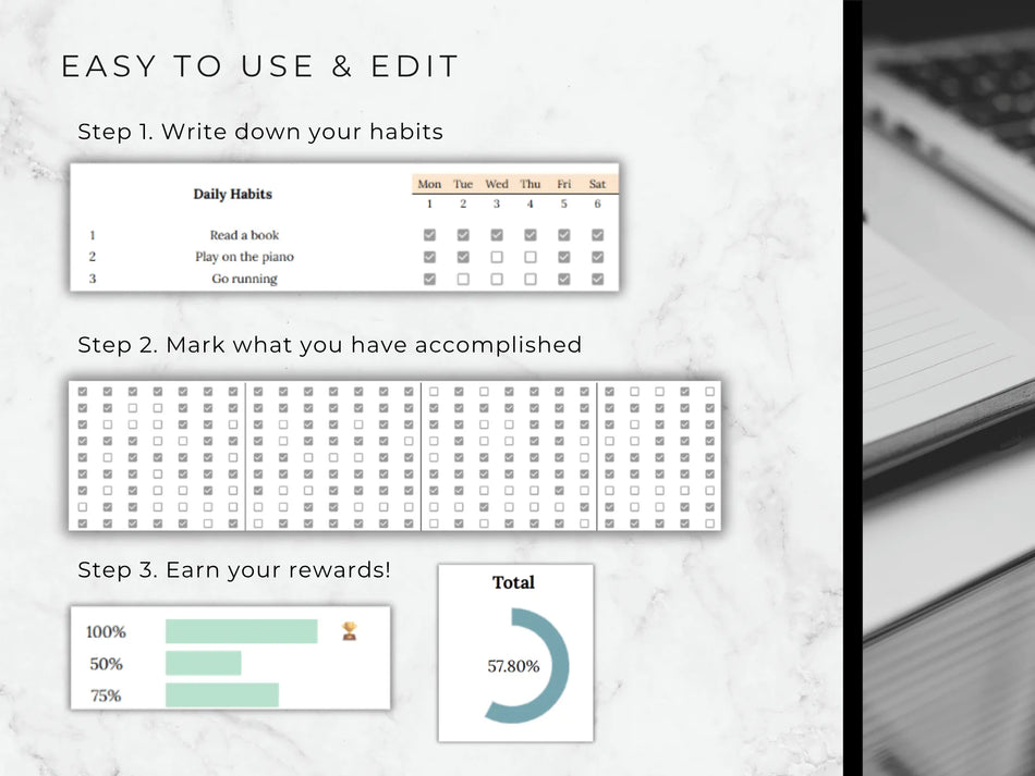  Habit tracking app interface with steps to use and edit, shown on a light background.