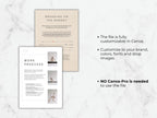 Two document mockups on a marble surface with text about customization options.