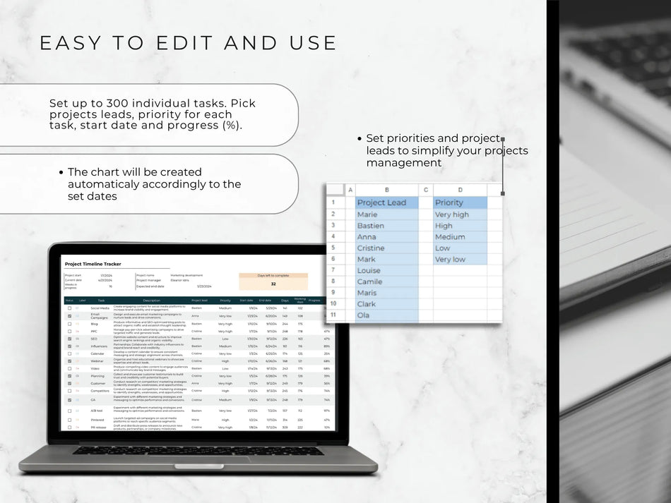 Laptop displaying a project management software with text on a white background