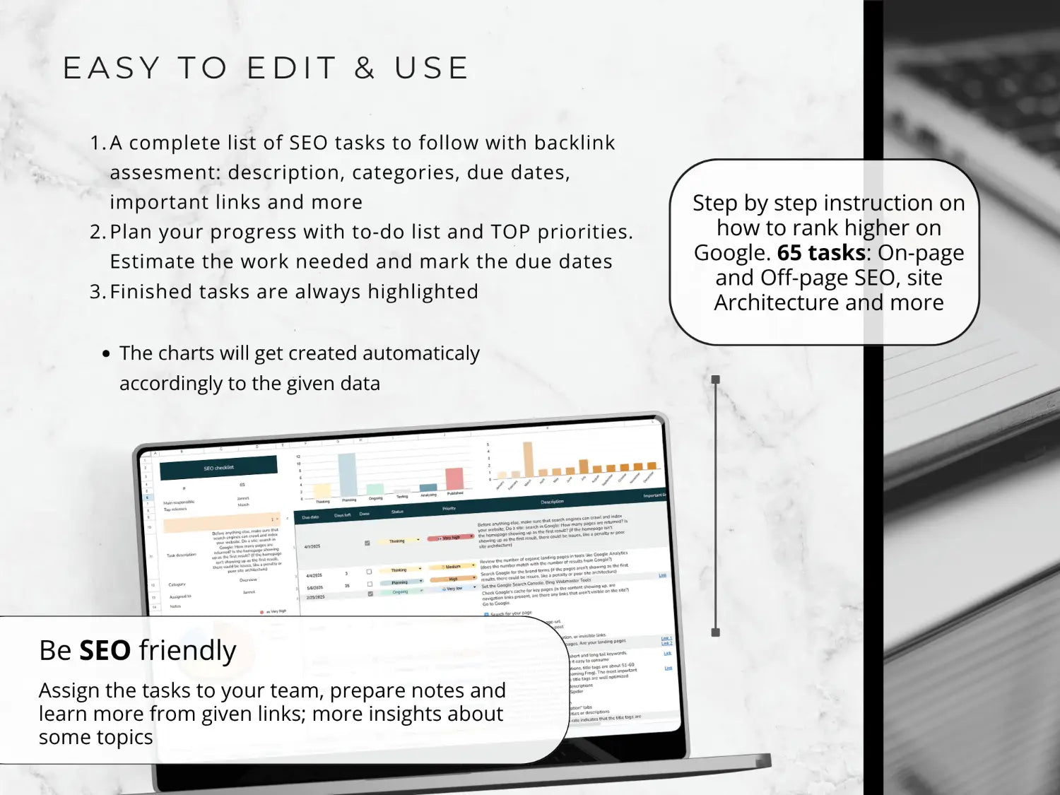 Laptop displaying an SEO task management software with text on screen and a blurred keyboard in the background.