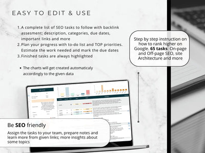 Laptop displaying an SEO task management software with text on screen and a blurred keyboard in the background.