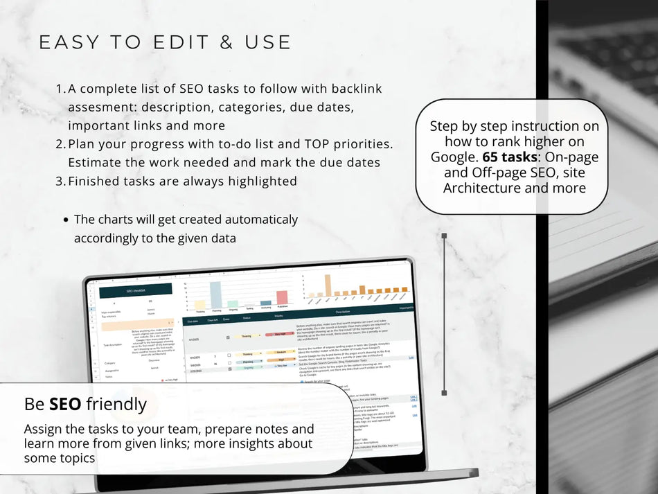 Laptop displaying an SEO task management software with text on screen and a blurred keyboard in the background.