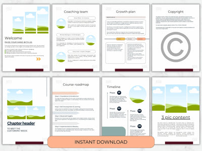 Collection of coaching team growth plan pages with a copyright symbol on a white background.