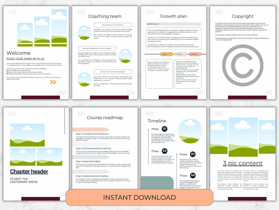 Collection of coaching team growth plan pages with a copyright symbol on a white background.