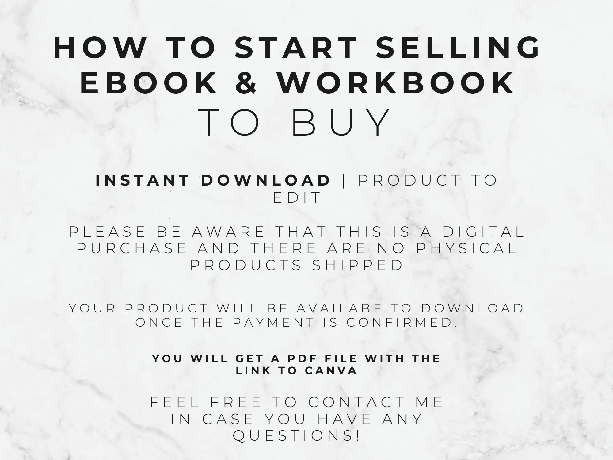 Text on a white background explaining how to start selling ebook and workbook to buy with an instant download.