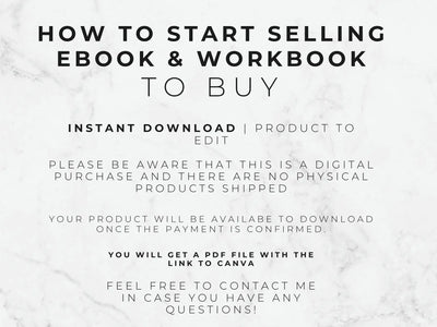 Text on a white background explaining how to start selling ebook and workbook to buy with an instant download.