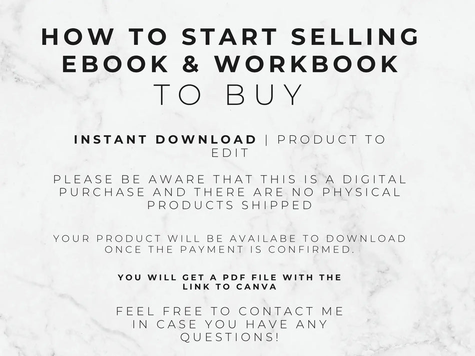 Text on a white background explaining how to start selling ebook and workbook to buy with an instant download.