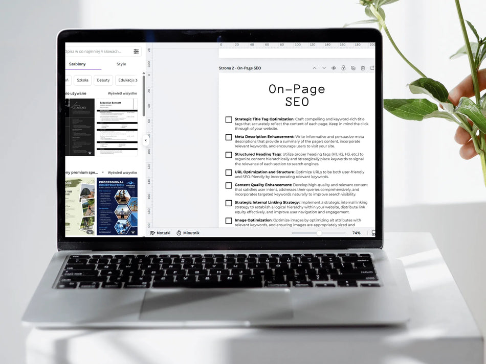 Laptop displaying a webpage on 'On-Page SEO' with a plant in the background
