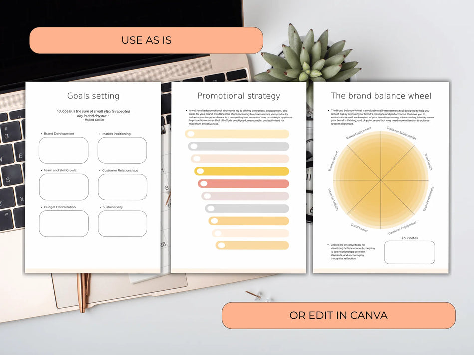Open book with branded design elements on a desk with a laptop and plant.
