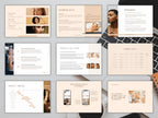Collection of branded brochure pages on a textured surface with a laptop.