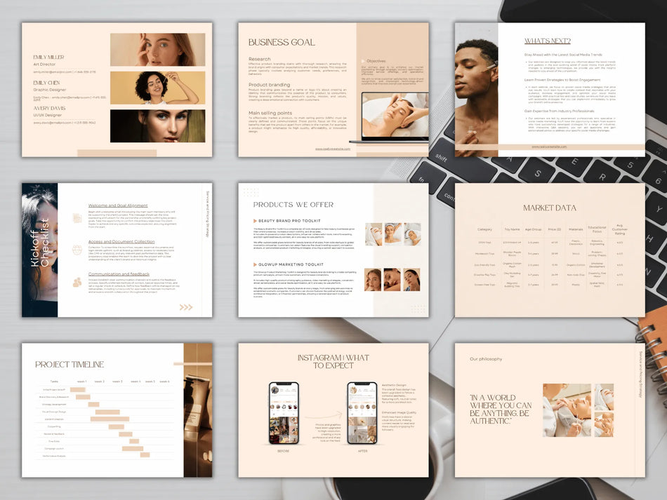 Collection of branded brochure pages on a textured surface with a laptop.