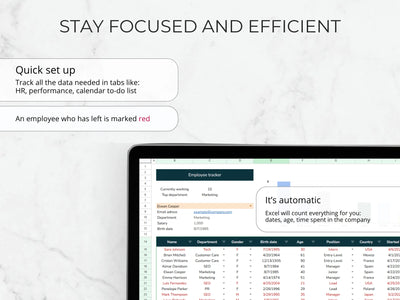 Screen of a laptop displaying an employee tracker with text about staying focused and efficient.