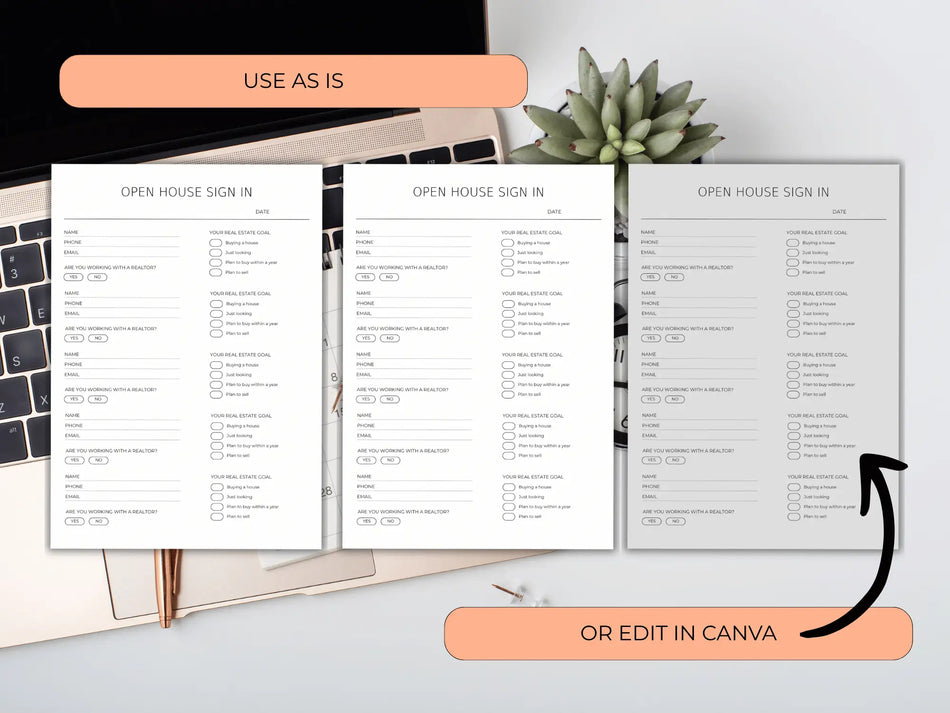 Open house sign-in sheets displayed on a desk with a laptop and plant.